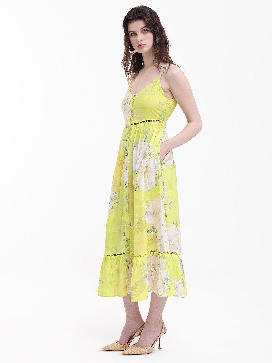 RAREISM Floral Printed Shoulder Straps Gathered Fit & Flare Midi Dress