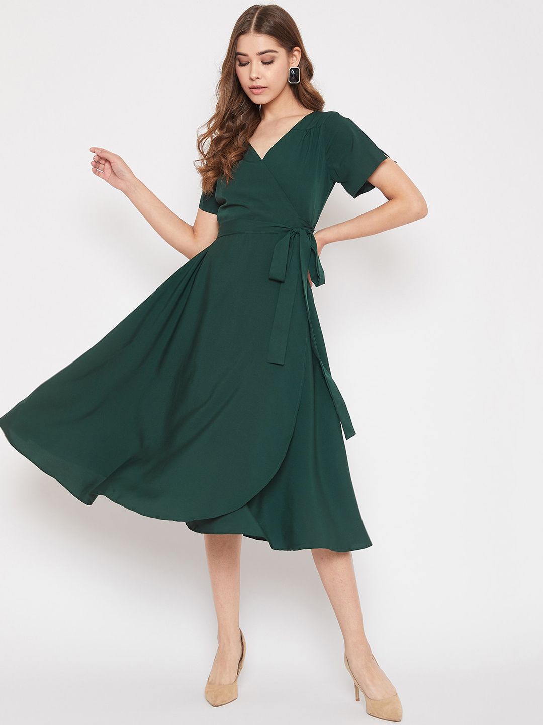 Berrylush Green Crepe Midi Wrap Dress