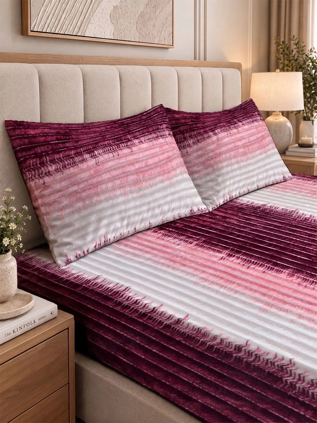 KLOTTHE Maroon & Pink Striped 300 TC King Bedsheet with 2 Pillow Covers