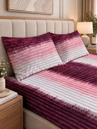 KLOTTHE Maroon & Pink Striped 300 TC King Bedsheet with 2 Pillow Covers