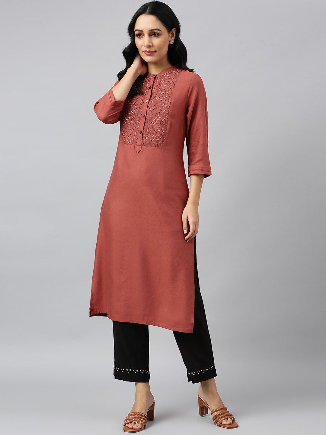 W Women Red Yoke Design Kurta