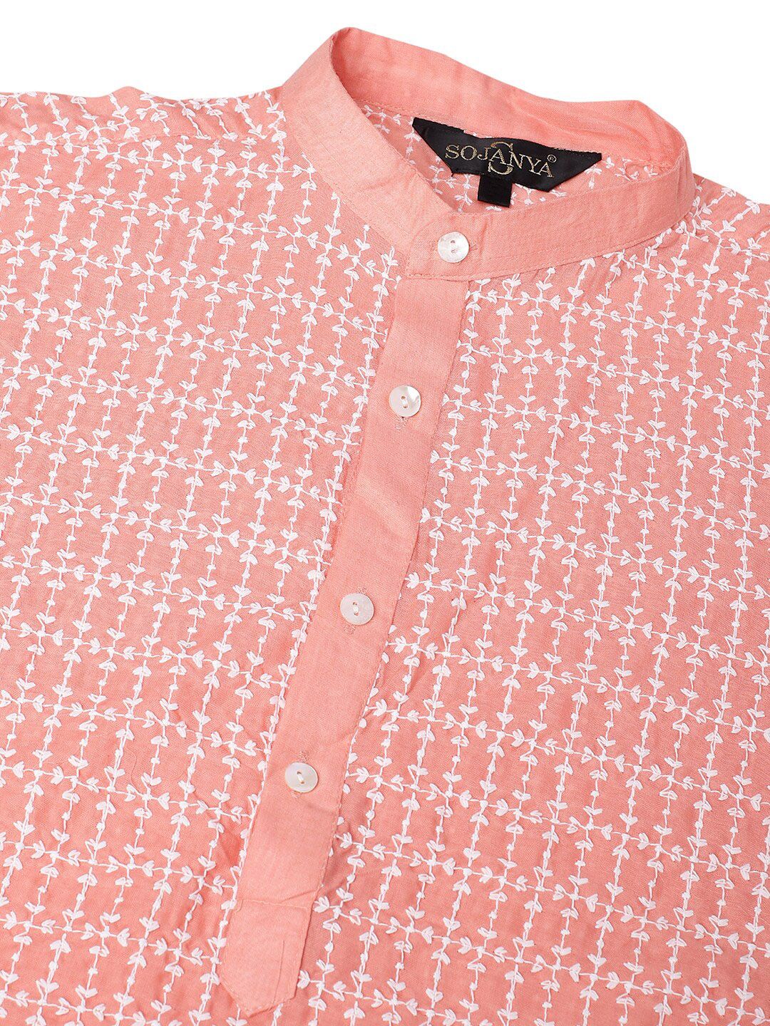 SOJANYA Kolar Mandarin Sulam Bunga Pure Cotton Kurta Lurus