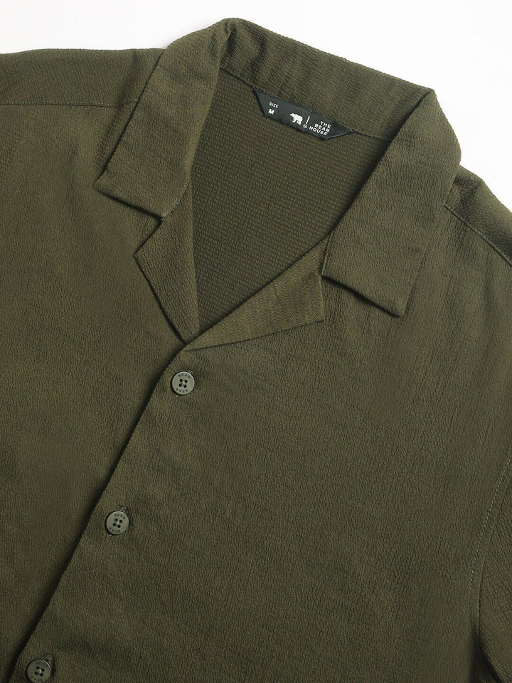 THE BEAR HOUSE Cuban Collar Seersucker Weave Casual Shirt