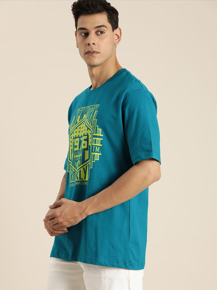 DILLINGER Men Ink Blue & Yellow Printed Drop-Shoulder Sleeves Pure Cotton Oversized T-shirt