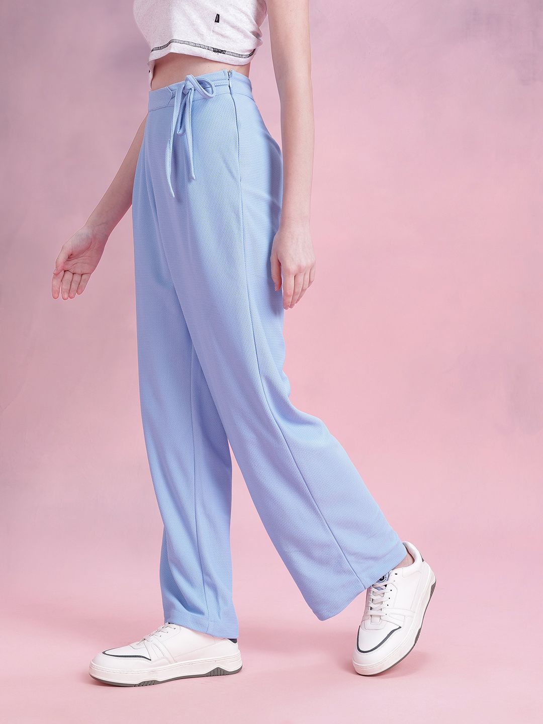 DressBerry Women Regular Fit Textured Tie-Up Waist Trousers