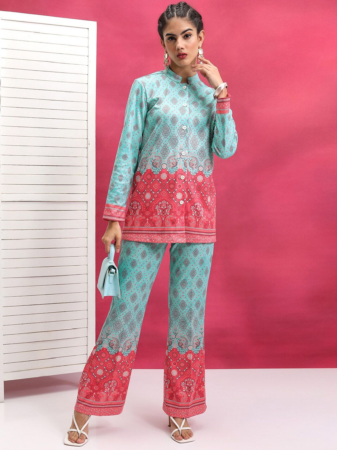 Vishudh Turquoise Blue Printed Mandarin Collar Shirt With Trouser