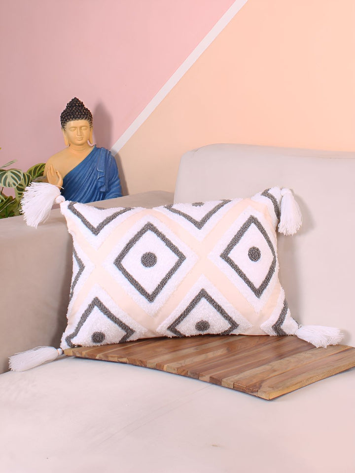 STITCHNEST Peach-Coloured & White Embroidered Rectangle Cushion Cover