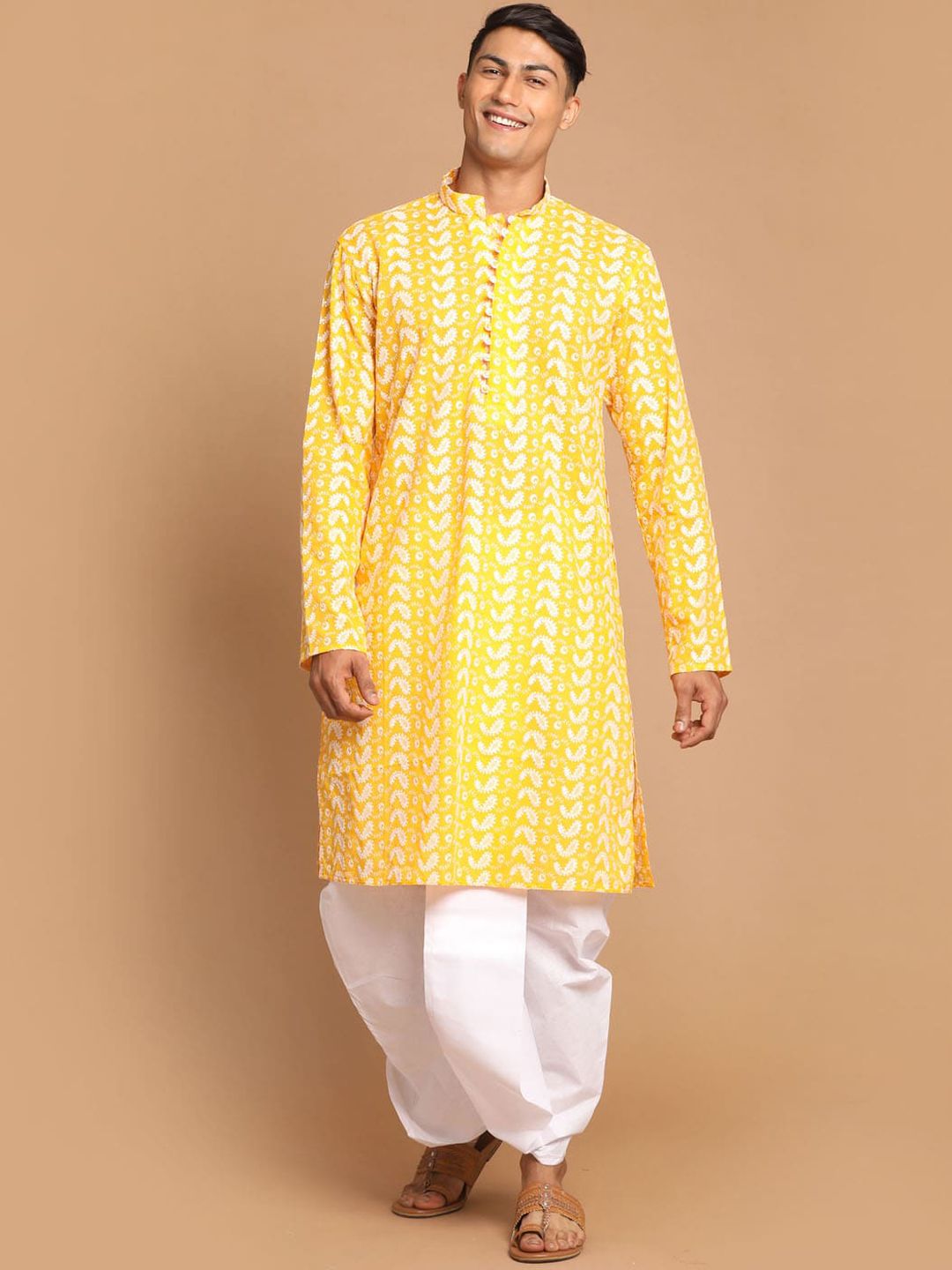 VASTRAMAY Men Orange Ethnic Motifs Embroidered Chikankari Pure Cotton Kurta with Dhoti Pants