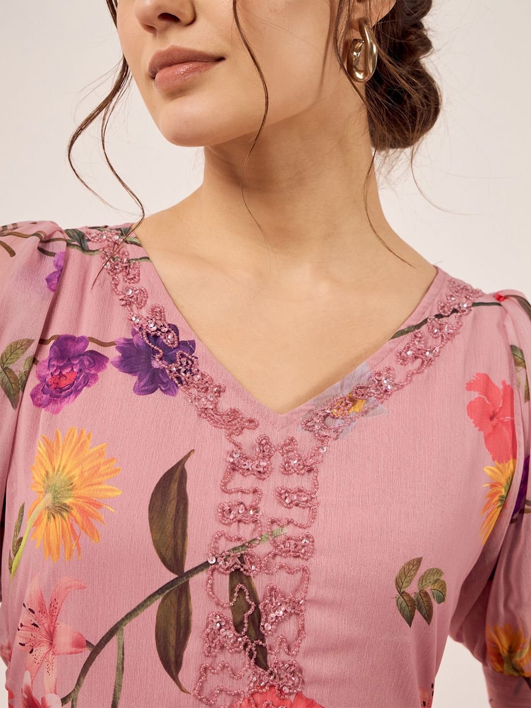 Antheaa Floral Printed V-Neck Puff Sleeves Beads Detail Chiffon Fit & Flare Dress
