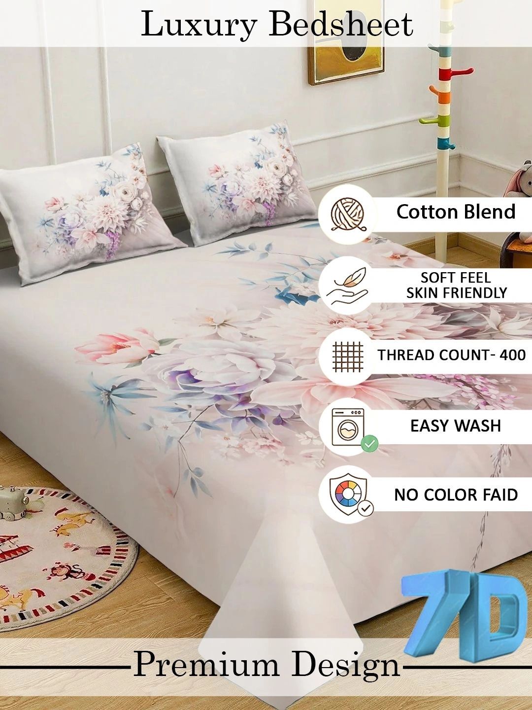 Myntra Elegant Homes Bunga-bunga Berbilang Warna 400 TC Cadar King dengan 2 Sarung Bantal