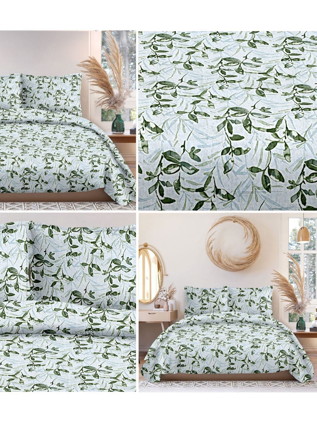 Cortina Glazed Cotton Green Floral 140 TC King Bedsheet with 2 Pillow Covers