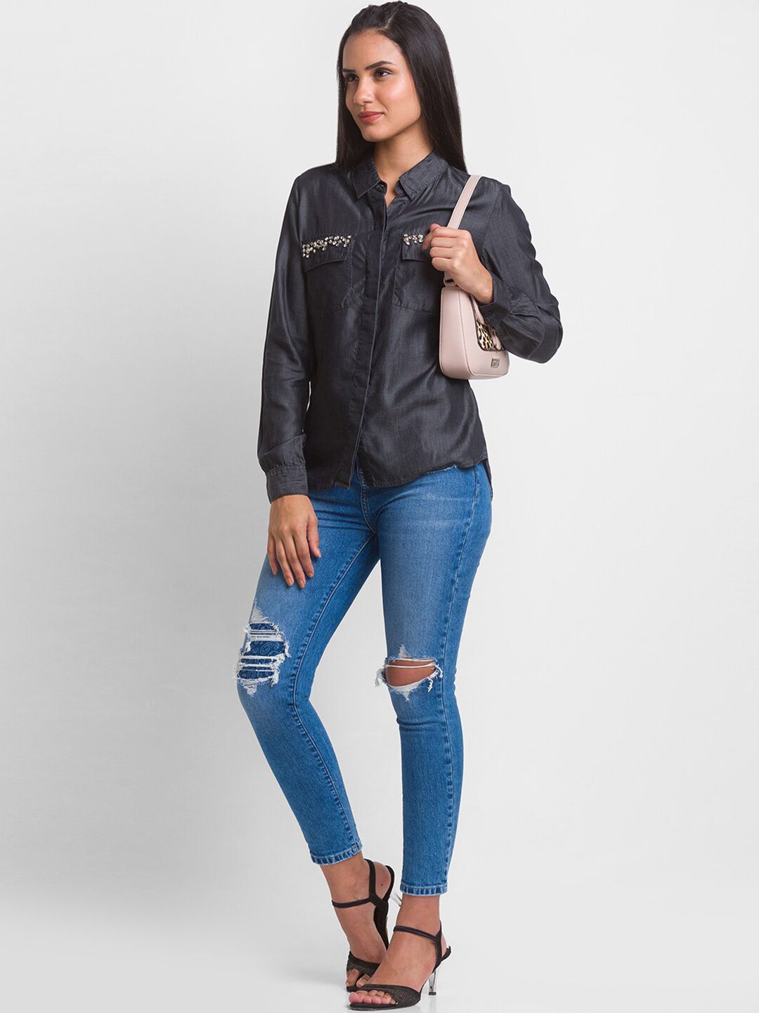 SPYKAR Women Black Satin Casual Shirt