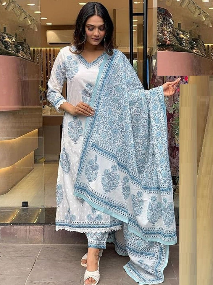 KALINI Floral Printed V-Neck Straight Kurta With Trousers And Dupatta