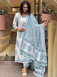 KALINI Floral Printed V-Neck Straight Kurta With Trousers And Dupatta