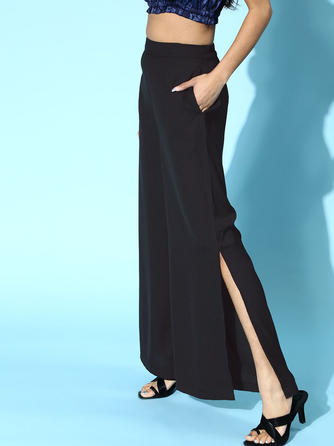SASSAFRAS Women Stylish Black Solid High-Rise Trousers