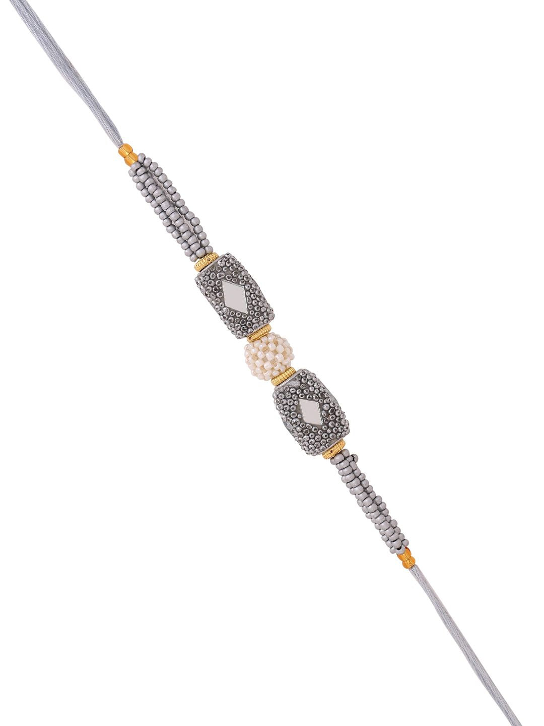 Voylla Unisex Silver Beaded and Pearls Rakhi with Roli Chaawal Pack