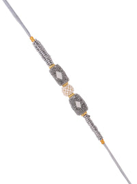 Voylla Unisex Silver Beaded and Pearls Rakhi with Roli Chaawal Pack