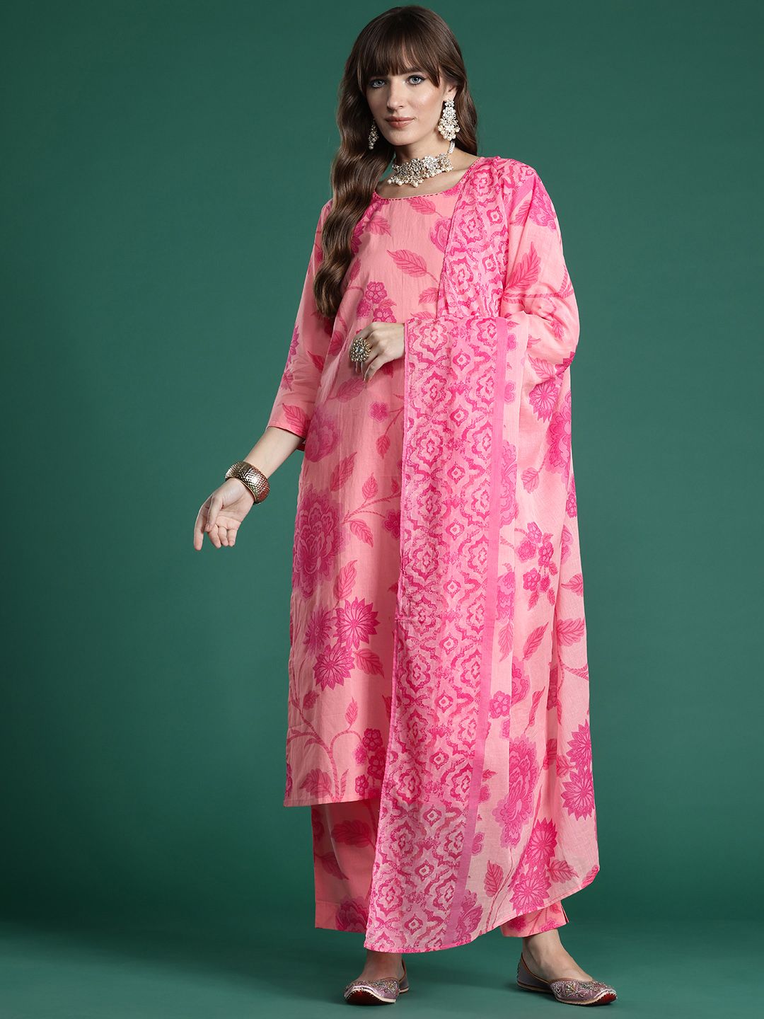 Indo Era Floral Printed Pure Cotton Kurta with Trousers & With Dupatta