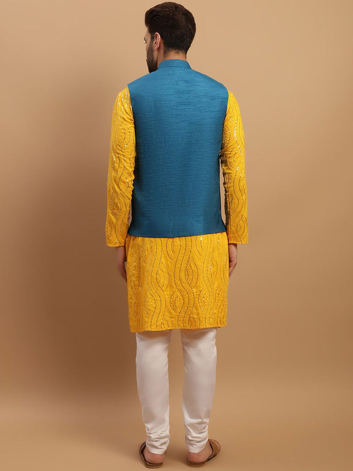 SOJANYA Embroidered Sequinned Pure Cotton Kurta with Churidar & Embellished Nehru Jacket