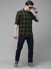 THE BEAR HOUSE Men Olive Green Slim Fit Pure Cotton Checked Casual Shirt
