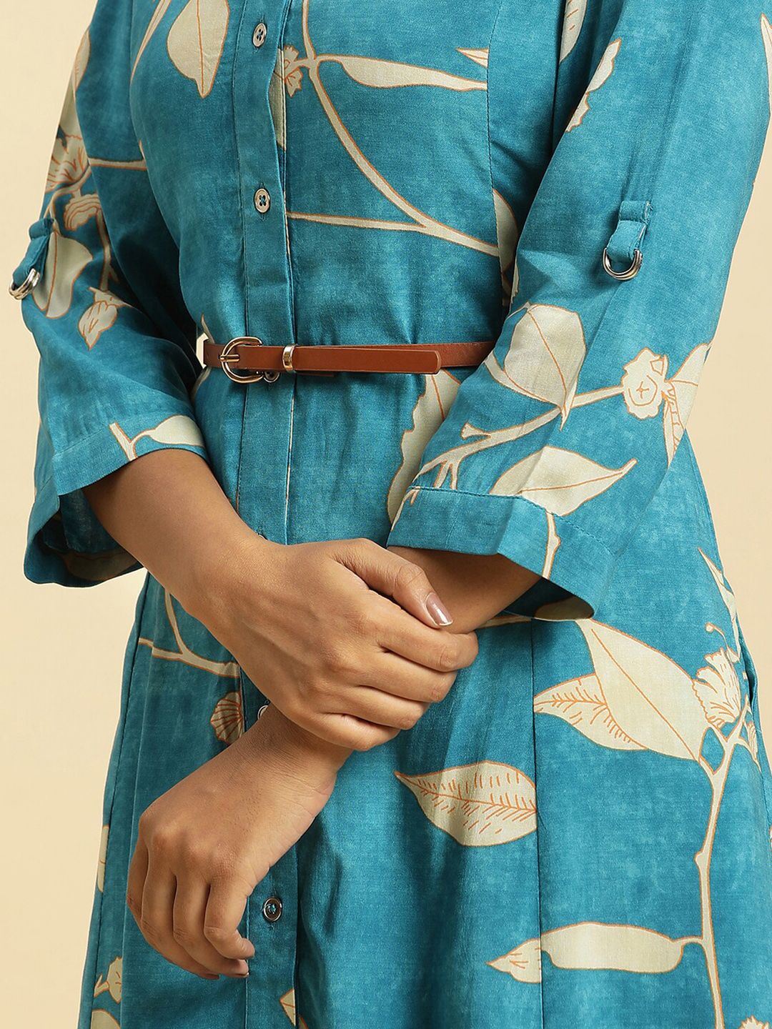 W Floral Printed Belted Detailed Shirt Collar Shirt Style Dress