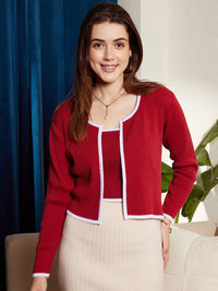Berrylush Red & White Ribbed Acrylic Crop Front Open Sweater