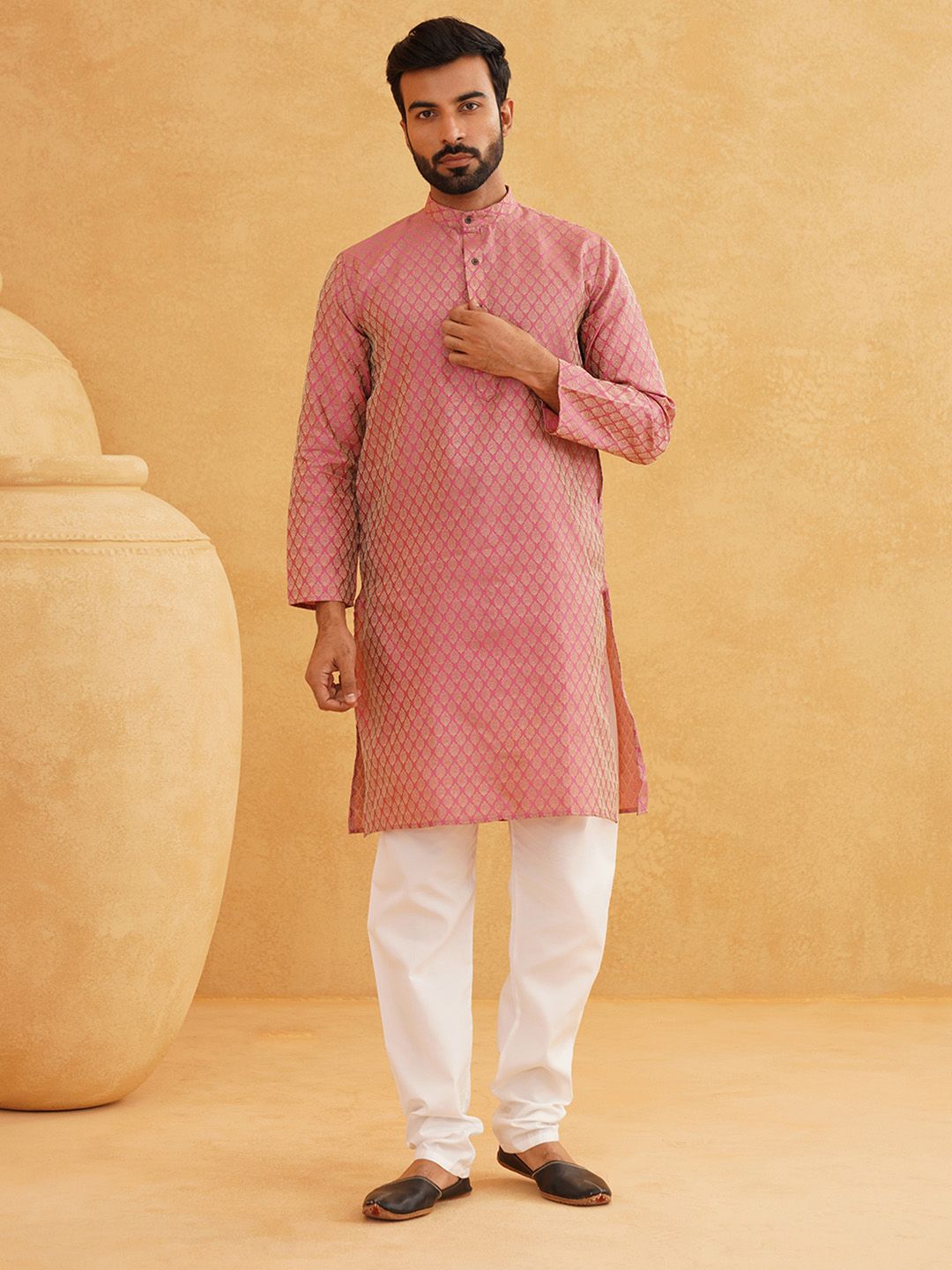 SOJANYA Woven Design Mandarin Collar Silk Cotton Kurta