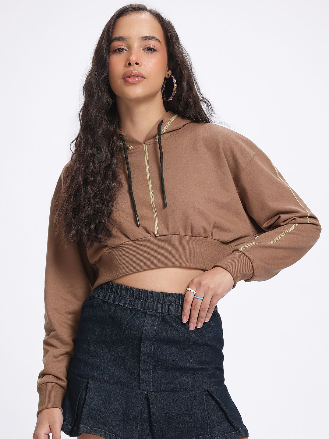 DressBerry Drop-Shoulder Sleeves Crop Hooded Sweatshirt