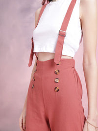 DressBerry Women High-Rise Mock Buttons Cropped Trousers with Gallus
