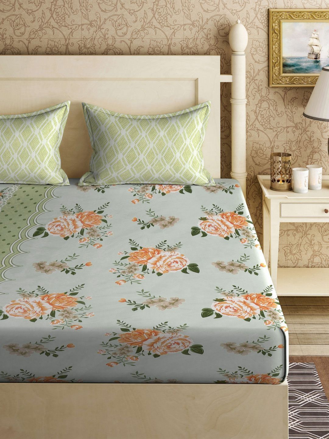 KLOTTHE Green & Orange Colored Printed 300TC King Double Bedsheets with 2 pillow cover