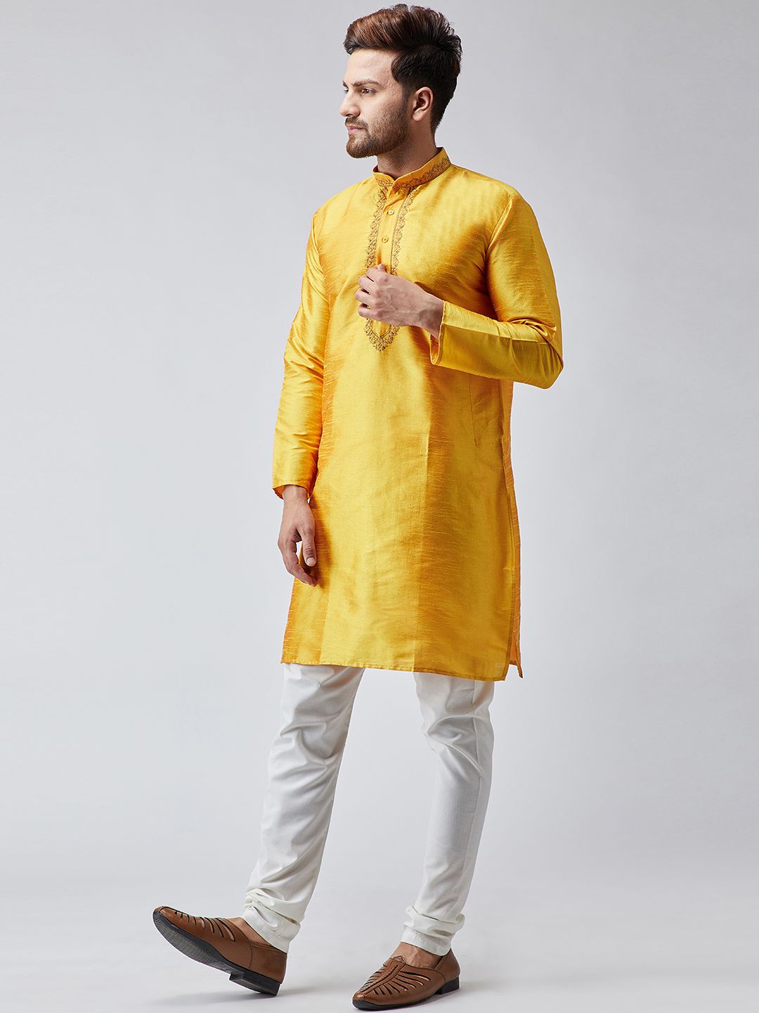 SOJANYA Men Mustard Woven Design Straight Kurta