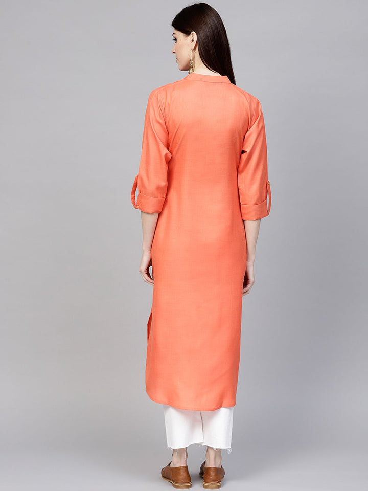 Libas Women Coral Orange Solid Straight Kurta