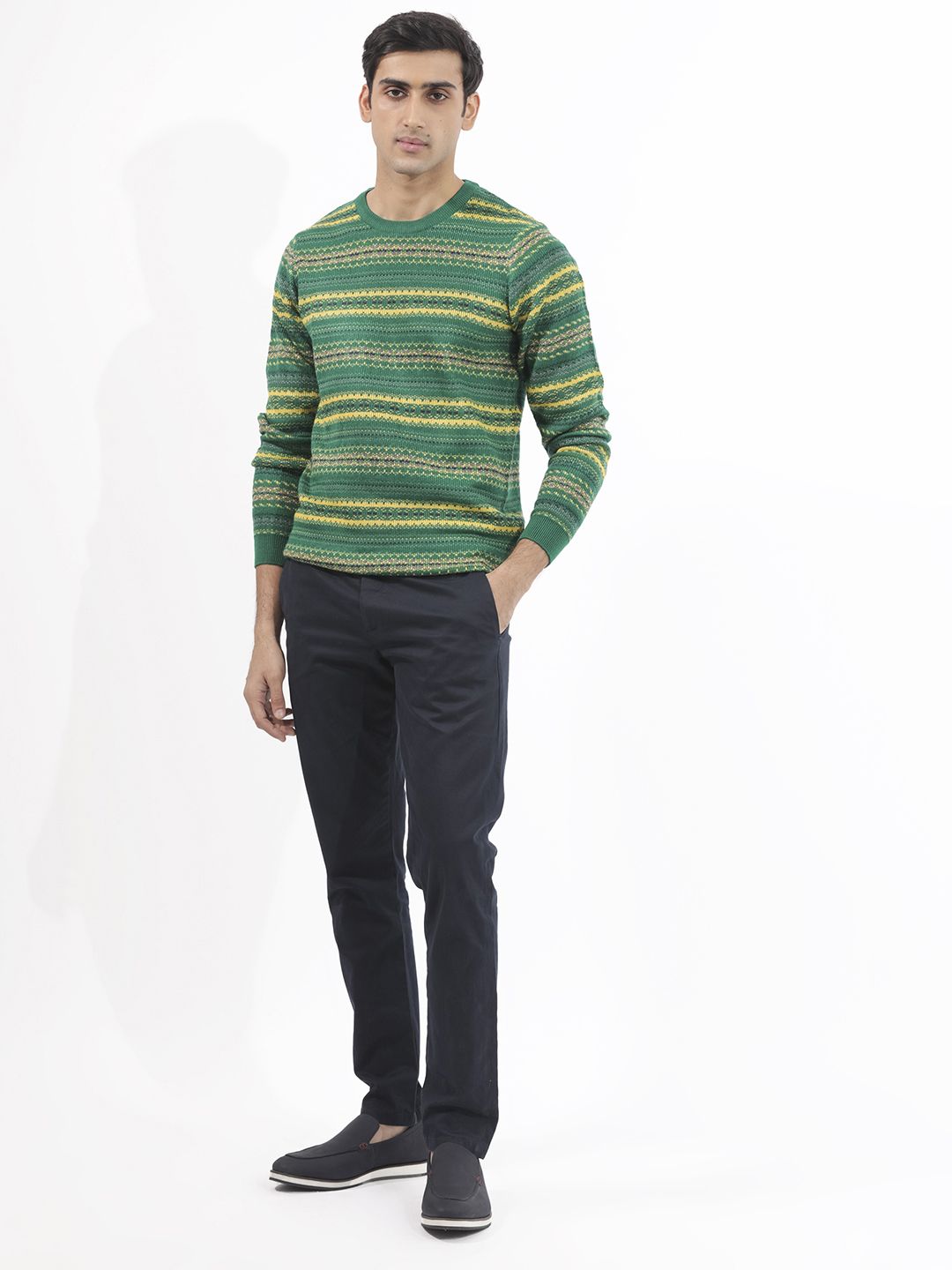 RARE RABBIT Men Fare Crew Neck Chevron Printed Acrylic Sweater