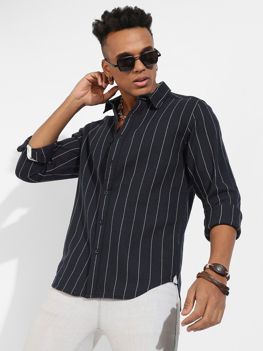 Campus Sutra Classic Striped Spread Collar Cotton Casual Shirt