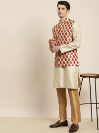 SOJANYA Kurta Berwarna Krim & Merah Lelaki dengan Jaket Churidar & Nehru