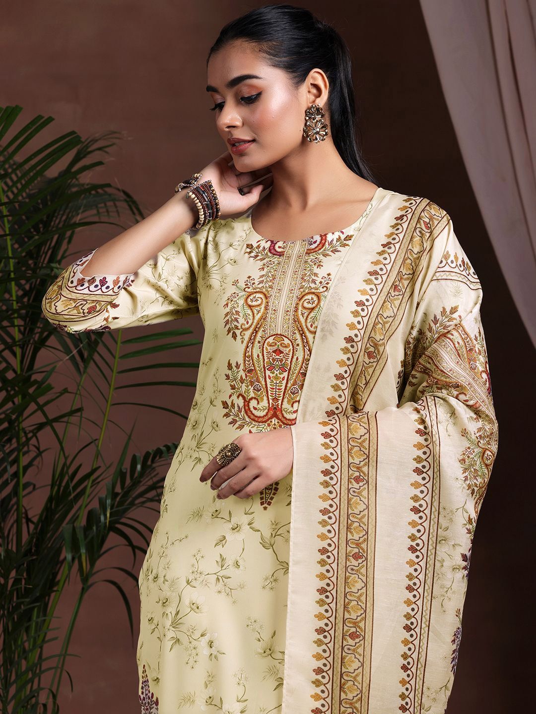 Libas Floral Printed Round Neck Straight Kurta With Trousers & Dupatta