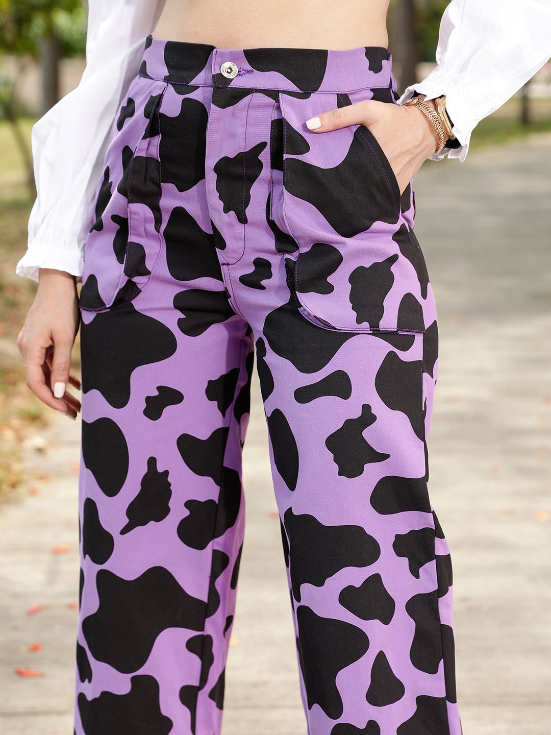 STREET 9 Women Lavender Printed Relaxed Straight Leg Straight Fit High-Rise Trousers