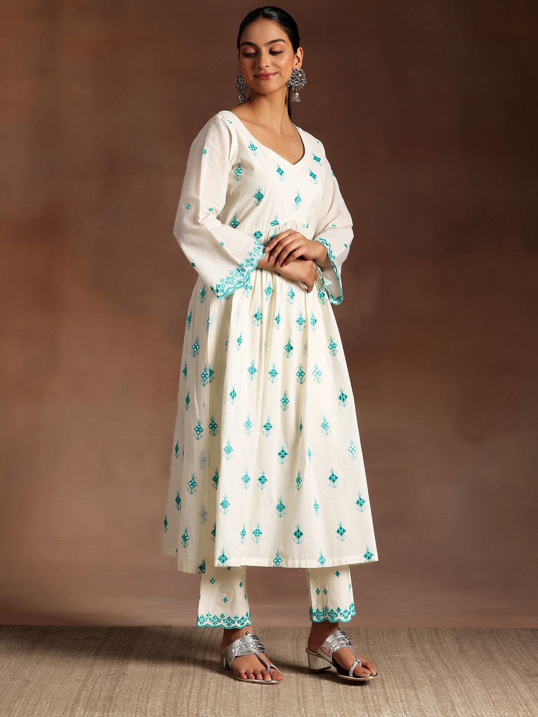 Libas Floral Embroidered Empire Thread Work Pure Cotton Kurta With Trousers & Dupatta