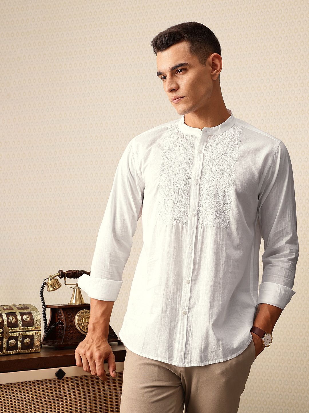 House of Pataudi Embroidered Band Collar Pure Cotton Jashn Shirt