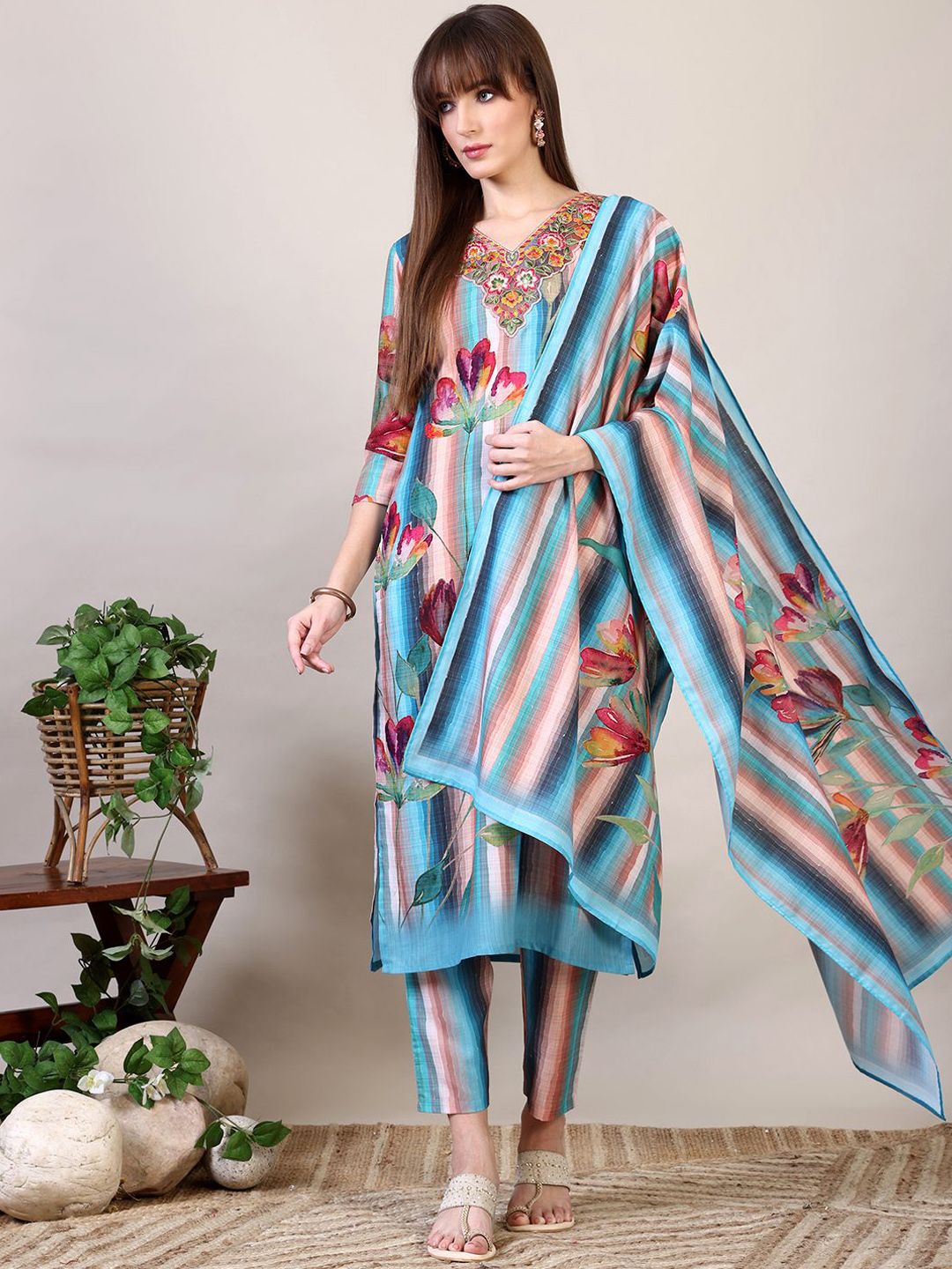 KALINI Floral Embroidered Thread Work Pure Cotton Kurta with Trousers & Dupatta