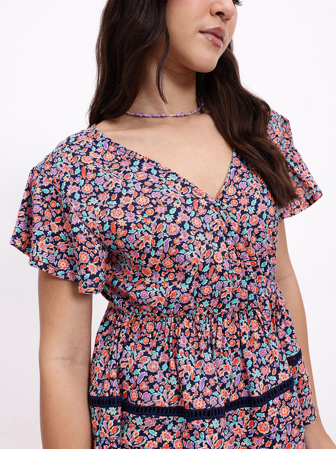 DressBerry Whimsical Touch Floral Printed Flutter Sleeves A-line Top