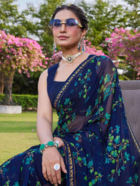 KALINI Women Blue Floral Pure Chiffon Saree