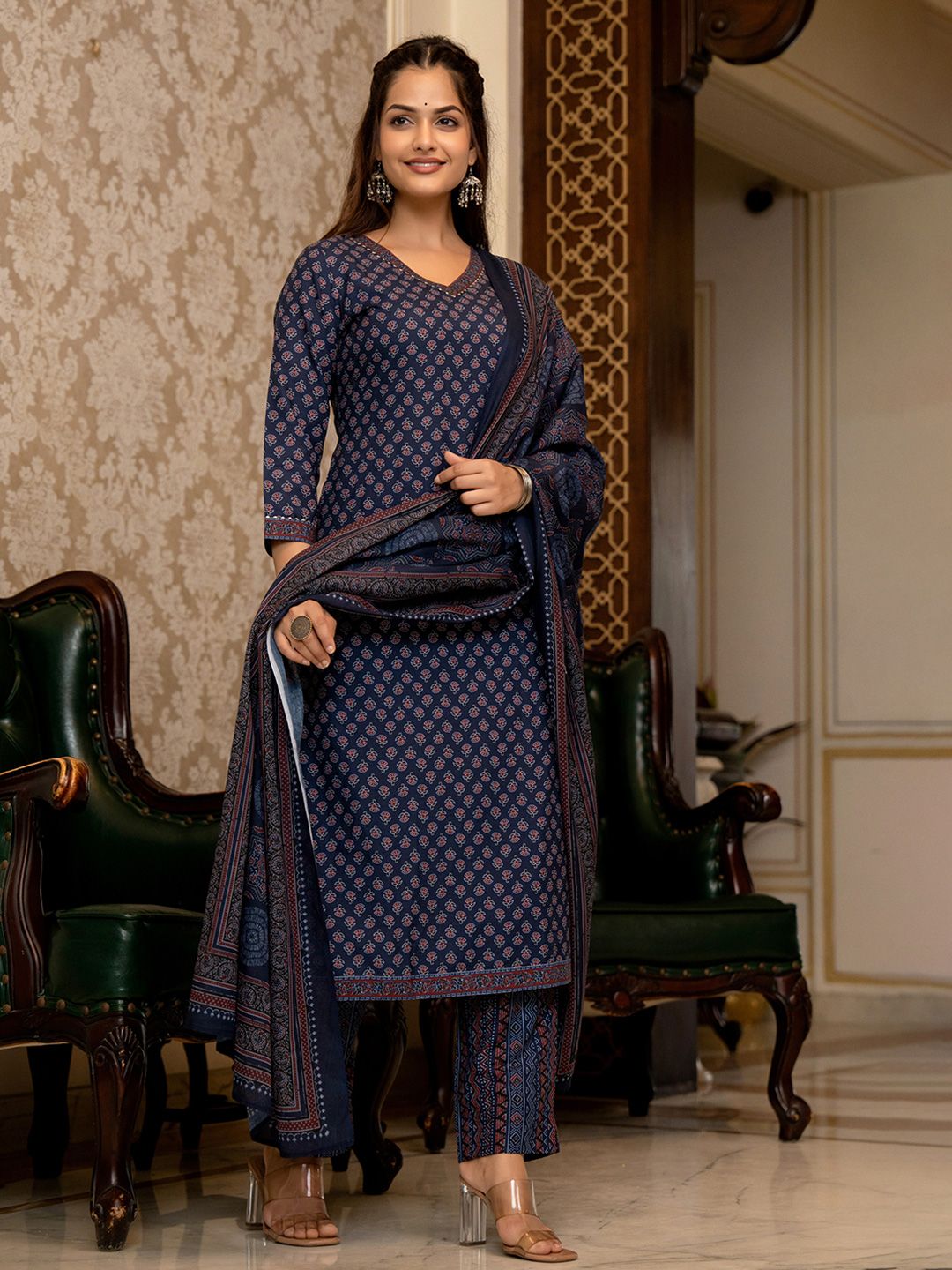 KALINI Ethnic Motifs Printed Regular Gotta Patti Straight Kurta with Trousers & Dupatta