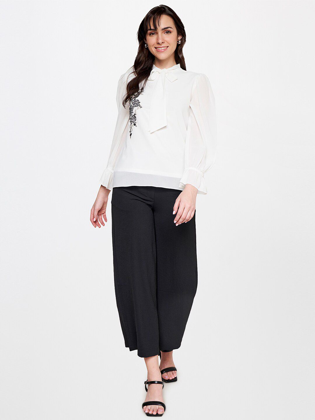AND Embellished Tie-Up Neck Puff Sleeves Top