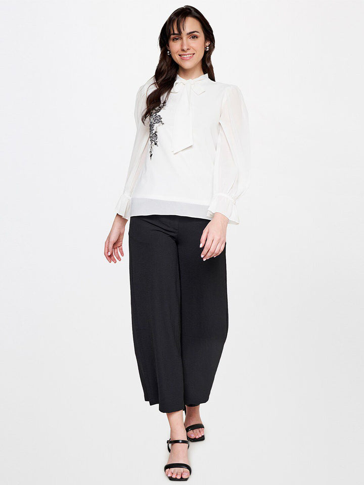 AND Embellished Tie-Up Neck Puff Sleeves Top