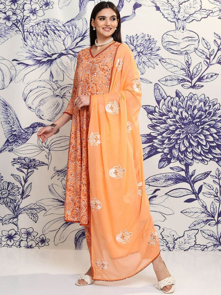 Vishudh Peach Floral Printed Regular Pure Cotton Kurta with Trousers & Dupatta