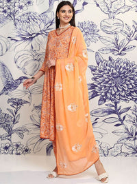 Vishudh Peach Floral Printed Regular Pure Cotton Kurta with Trousers & Dupatta
