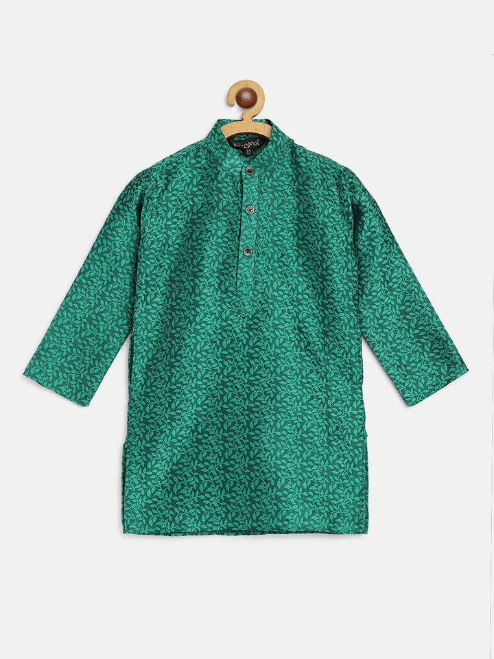 SOJANYA Boys Mustard Green Woven Design Mandarin Collar Jacquard Straight Kurta