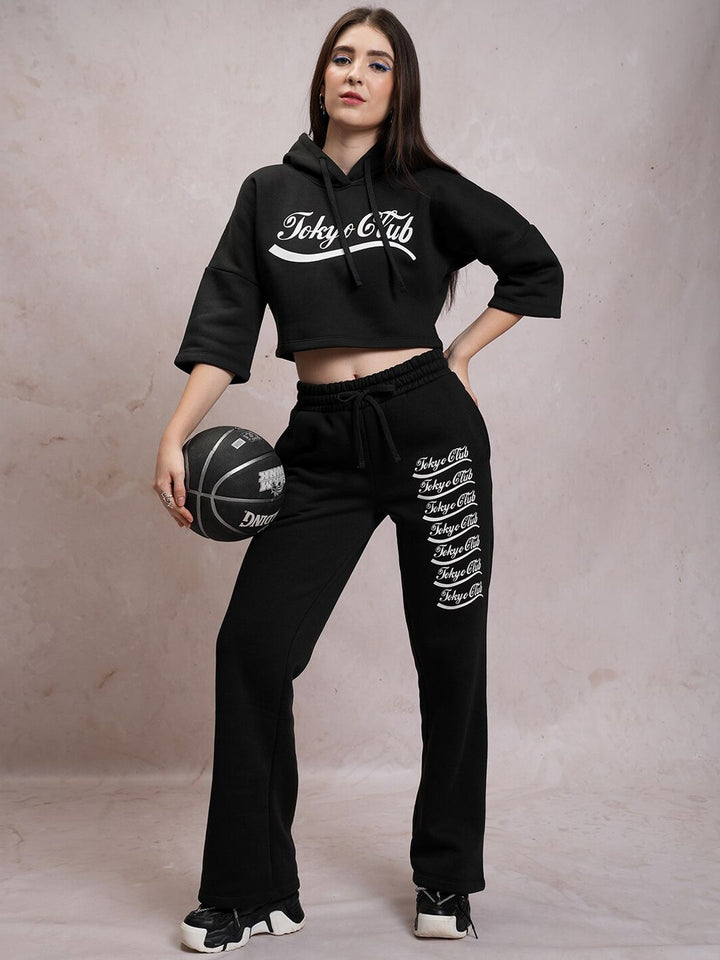 Tokyo Talkies Black Typography Printed Relaxed Fit Hooded Sweatshirt & Trouser