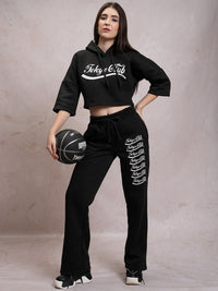 Tokyo Talkies Black Typography Printed Relaxed Fit Hooded Sweatshirt & Trouser